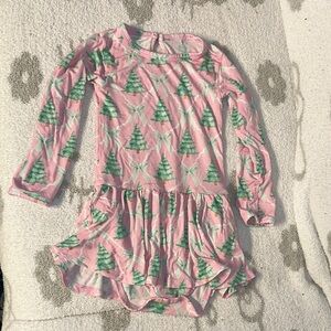Festive Pink Dress with Green Tree Pattern